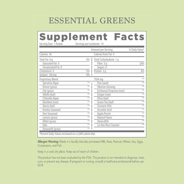 M'lis Essential Greens Drink Mix Supplement Facts - Thai-Me Spa - Hot Springs, AR
